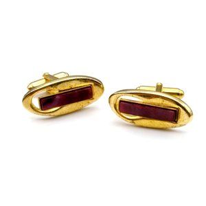 Elongated Hickok Cuff Links, Swanky Vintage Gold Tone Oval with Long Red Rectang